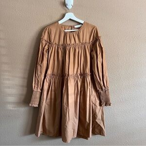 Mango Puff Sleeve Poplin Tiered Dress in Camel Color Size 4 NWT